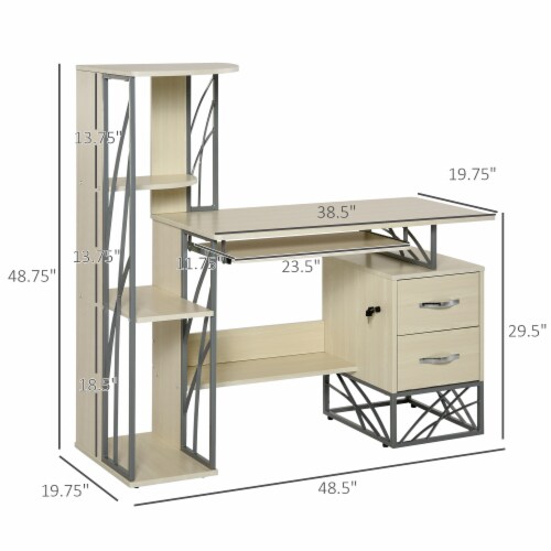 Wood Desktop Corner Working Desk with 4-Tier Shelving and Pullout Keyboard Tray Perspective: left