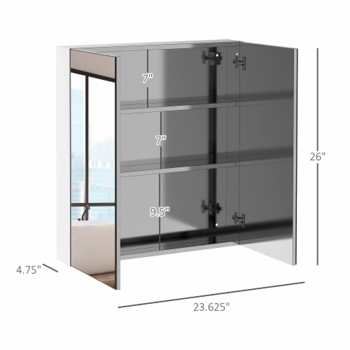 Wall-Mount Mirror Vanity Bathroom Stainless Steel w/Door Shelves, Silver 24 x26 Perspective: left