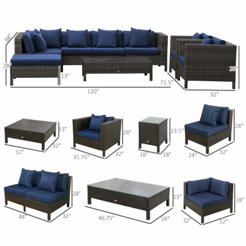 Outside Sitting & Conversation Sofa Set w/ Thick Sofa Cushions & Tea Table, Navy Perspective: left