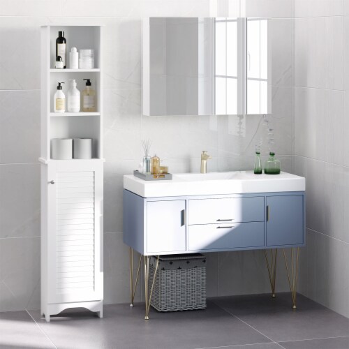 Wooden Collection Tall Bathroom Linen Tower with Adjustable Shelving & Cupboard Perspective: left