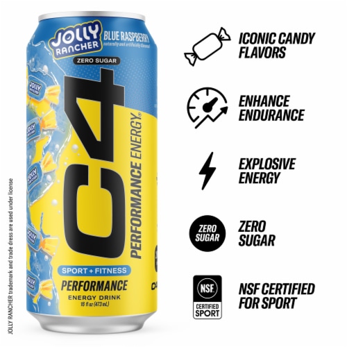 C4 Performance Jolly Rancher Blue Raspberry Energy Drink Can Perspective: left