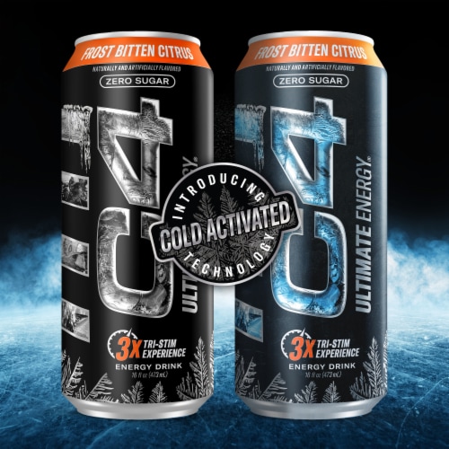C4 Ultimate Frost Bitten Citrus Energy Drink Can Perspective: left