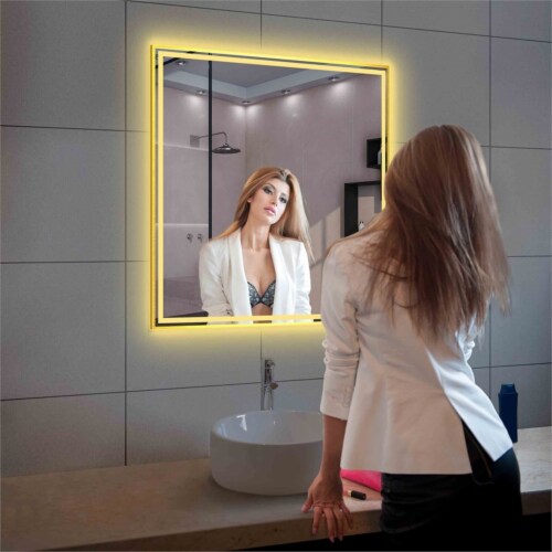 Blossom Stellar 36  Brush Gold Frame LED Glass Mirror with Antifog Perspective: left