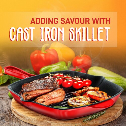 NutriChef 11 Inch Square Cast Iron Skillet with Porcelain Enamel Coating, Red Perspective: left