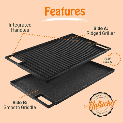 NutriChef 18 Cast Iron Skillet Reversible Grill Plate Pan for Stove Top,  Black, 1 Piece - Fry's Food Stores