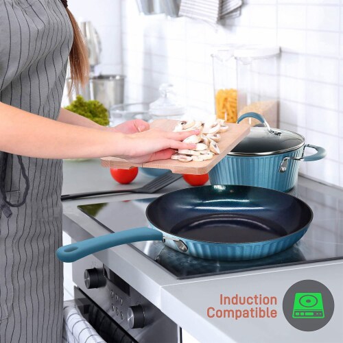 NutriChef 11 Piece Nonstick Stripe Pattern Kitchen Cookware Set, Royal Blue Perspective: left
