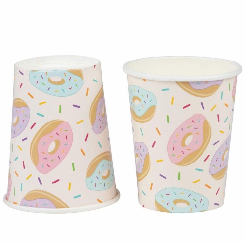 Donut Party Supplies, Paper Plates, Napkins, Cups and Plastic Cutlery (Serves 24, 144 Pieces) Perspective: left