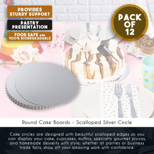 12Pack Round Cake Boards, Cardboard Scalloped Cake Circle Bases, 10 Inches Diameter, Silver
