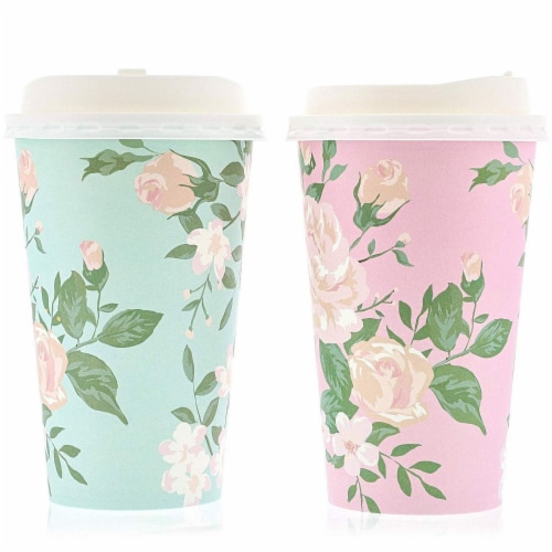 48 Pack Vintage Floral Paper Insulated Coffee Cups with Lids, 4 Designs, 16 Ounces Perspective: left