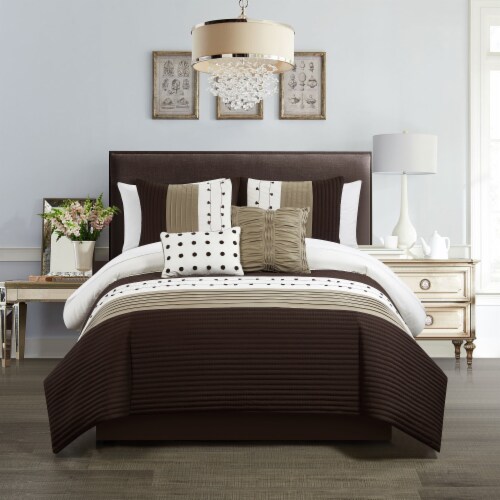 Lainy 5 Piece Comforter Set Color Block Pleated Ribbed Embroidered Bedding Brown King King Pay Less Super Markets