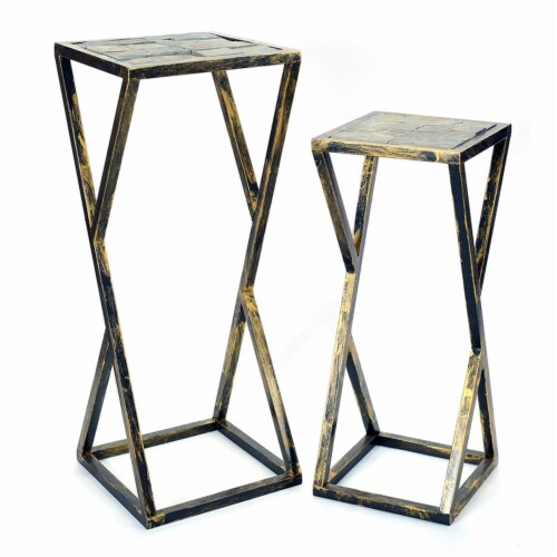31.2 and 25.25 Tall Grey Stone Slab Black and Gold Plant StandMetal Perspective: left