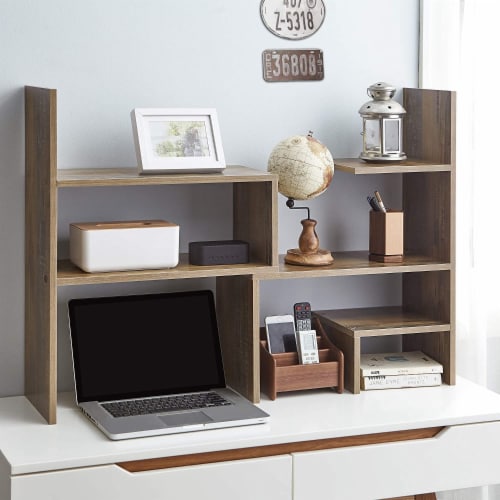 Yak About It® Compact Adjustable Dorm Desk Bookshelf - Rustic Perspective: left