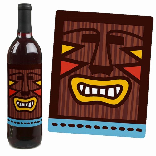 Big Dot of Happiness Tiki Luau - Tropical Summer Party Decor Wine Bottle Label Stickers 4 Ct Perspective: left