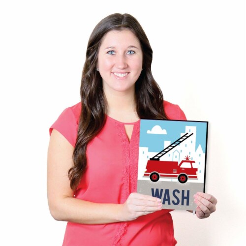 Big Dot of Happiness Fired Up Fire Truck Wall Art 7.5 x 10 in Set of 3 Wash Brush Flush Perspective: left