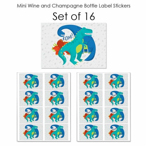 Big Dot of Happiness Roar Dinosaur - Mini Wine Bottle Stickers - Dino Mite Party Favor 16 Ct Perspective: left