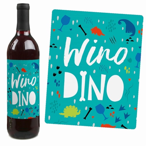 Big Dot of Happiness Roar Dinosaur - Dino Mite T-Rex Party Wine Bottle Label Stickers 4 Ct Perspective: left