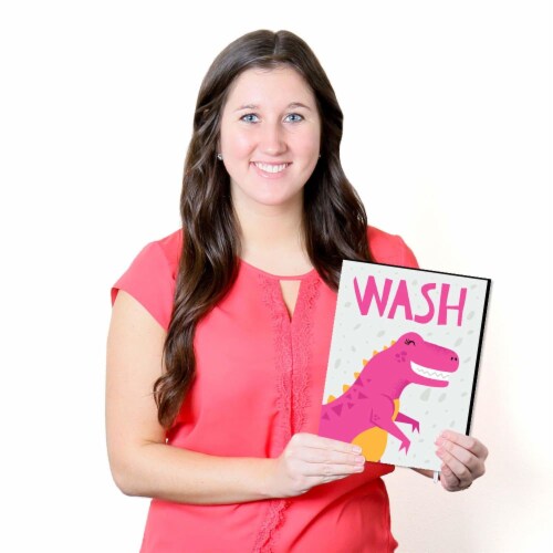 Big Dot of Happiness Roar Dinosaur Girl Wall Art 7.5 x 10 in Set of 3 Wash Brush Flush Perspective: left