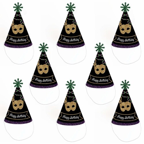 Big Dot of Happiness Mardi Gras - Cone Happy Birthday Party Hats - Set of 8 (Standard Size) Perspective: left