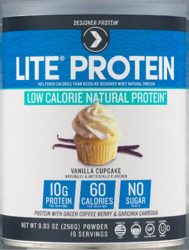 Designer Protein Lite Protein Vanilla Cupcake Protein Powder Perspective: left