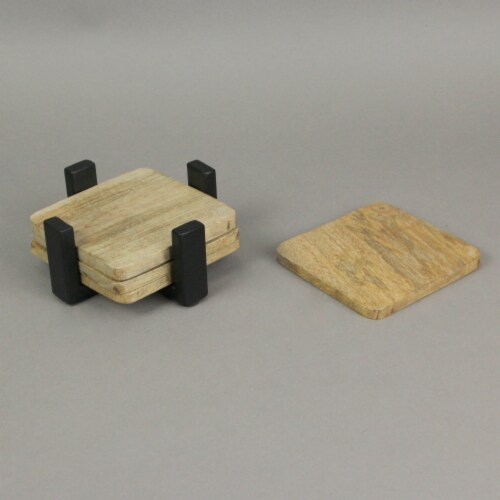 Set of 4 Wood Square Coasters Metal Holder Rustic Home Decor Drink