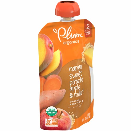 Plum Organics® Stage 2 Mango Sweet Potato Apple & Millet Baby Food Pouch Perspective: left