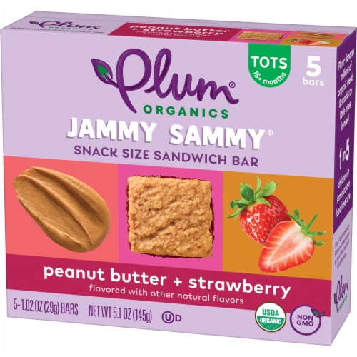 Plum Organics® Jammy Sammy® Peanut Butter & Strawberry Snack Size Sandwich Bars Perspective: left