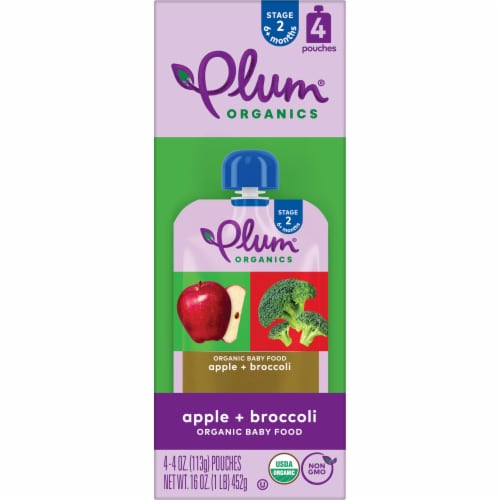 Plum Organics® Apple and Broccoli Stage 2 Baby Food Pouch Perspective: left
