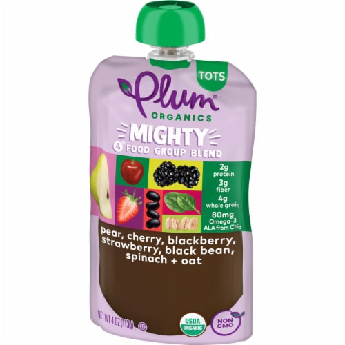Plum Organics® Mighty 4® Pear Cherry Berry Black Bean Spinach Oat Blends Stage 4 Baby Food Pouch Perspective: left