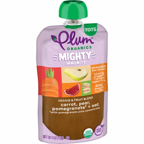 Plum Organics® Mighty Veggie® Carrot Pear Pomegranate & Oat Tots Pouch Perspective: left