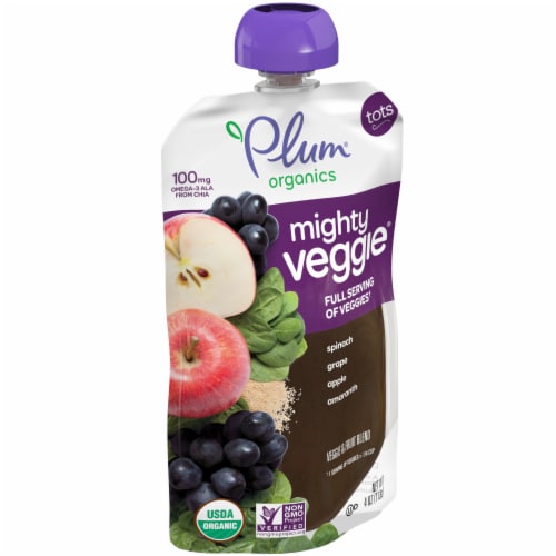 Plum Organics® Mighty Veggie® Tots Spinach Grape Apple & Amaranth Baby Food Pouch Perspective: left