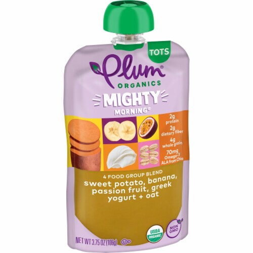 Plum Organics® Mighty 4 Blend Sweet Potato Banana Passion Fruit and Oat Toddler Pouch Perspective: left