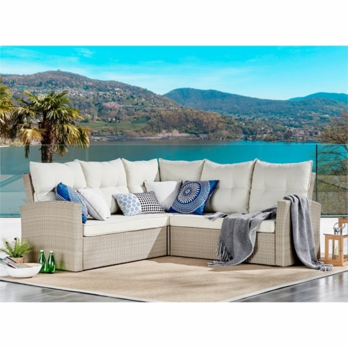 Alaterre Canaan All-Weather Wicker Outdoor Double Loveseat Sectional Sofa-Cream Perspective: left