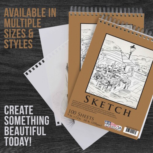 9  x 12  Premium Spiral Bound Sketch Pad, Pad of 100-Sheets, 60 Pound (100gsm) (2 Pads) Perspective: left