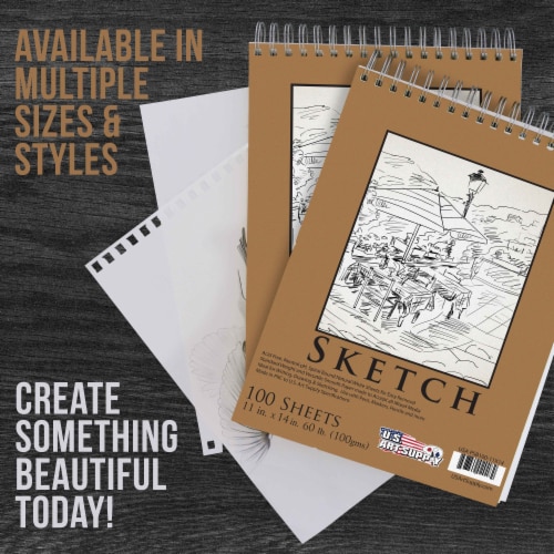 11  x 14  Premium Spiral Bound Sketch Pad, Pad of 100-Sheets, 60 Pound (100gsm) (2 Pads) Perspective: left