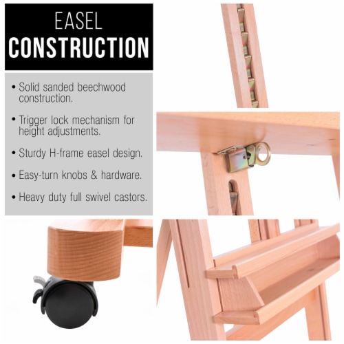 Medium Wooden H-Frame Studio Easel with Artist Storage Tray and Wheels - Adjusts to 96  High Perspective: left