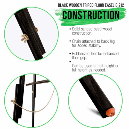 64  Black Torrey Wooden A-Frame Tripod Studio Artist Floor Easel, Adjustable Tray Height Perspective: left
