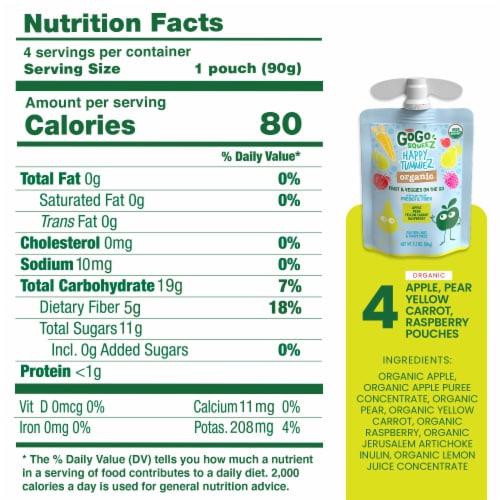 GoGo squeeZ Organic Apple Pear Yellow Carrot Raspberry Fruit & Veggies Pouches Perspective: left
