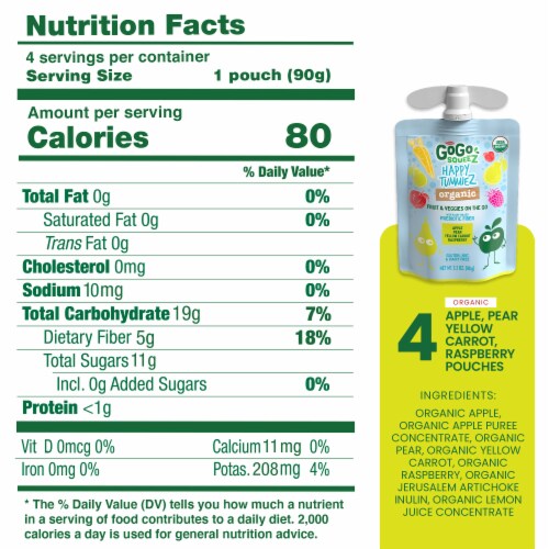 GoGo squeeZ Organic Apple Pear Yellow Carrot Raspberry Fruit & Veggies Pouches Perspective: left
