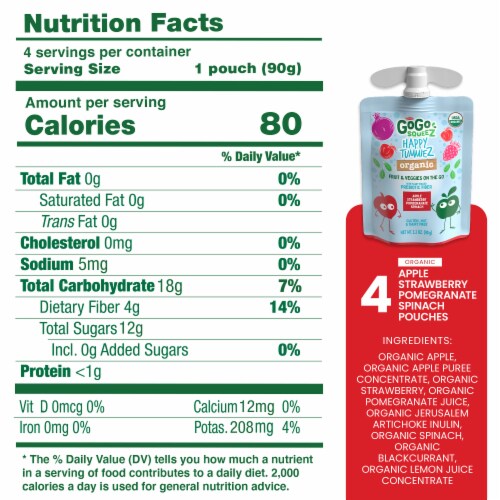 GoGo Squeez Happy TummieZ Organic Apple Strawberry Pomegranate Spinach Fruit & Veggie Pouch Perspective: left
