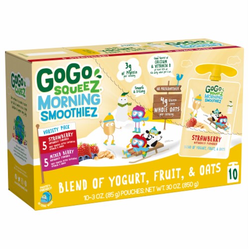 GoGo SqueeZ Morning SmoothieZ Strawberry and Mixed Berry Variety Pack Snack Pouch Perspective: left