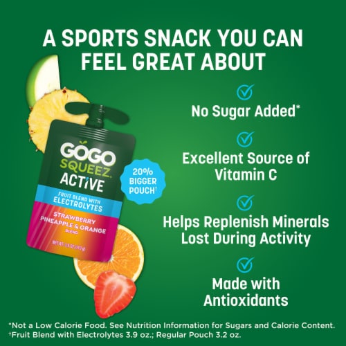 GoGo squeeZ Active Fruit Blend with Electrolytes StrawberryPineapple Orange Perspective: left