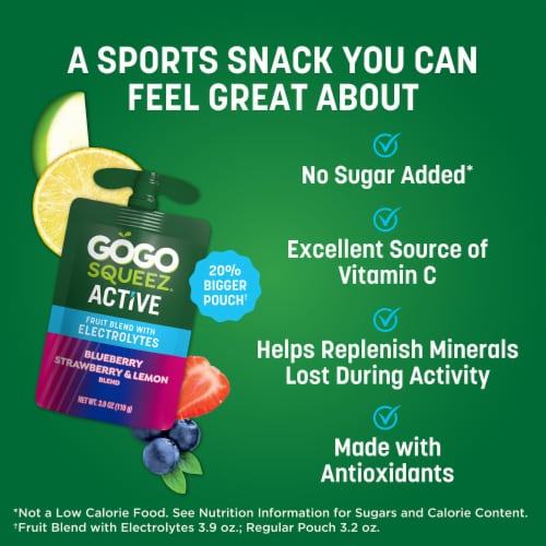 GoGo squeeZ Active Fruit Blend with Electrolytes, Blueberry Strawberry Lemon Perspective: left