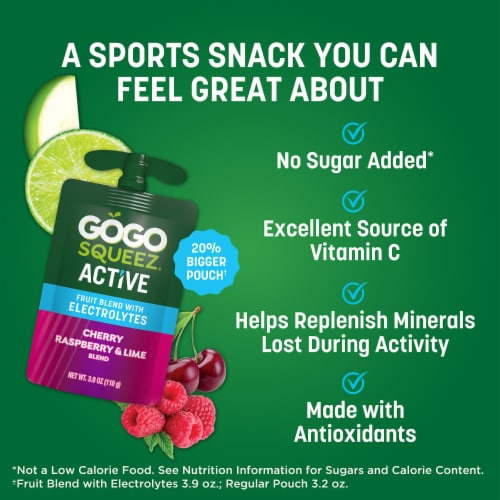 GoGo squeeZ Active Fruit Blend with Electrolytes, Cherry Raspberry Lime Perspective: left