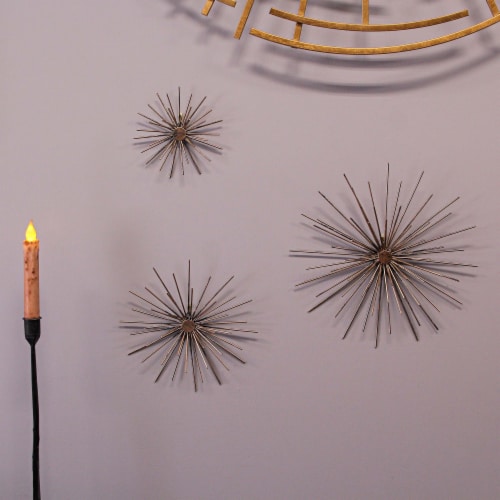 Antique Gold Finish Mid-Century Modern Atomic Star Burst Wall Décor Sculptures Set of 3 Perspective: left