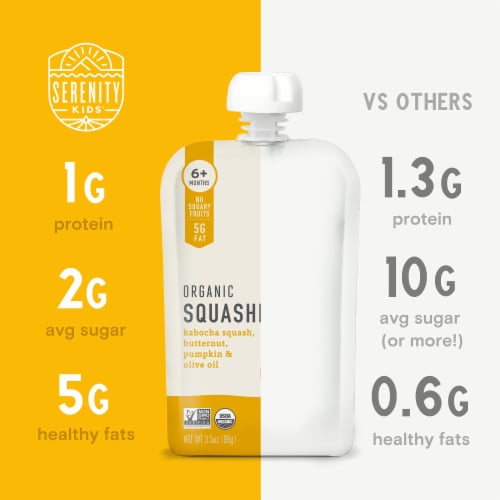 Serenity Kids Organic Squashes with Organic Olive Oil Baby Food Pouch Perspective: left