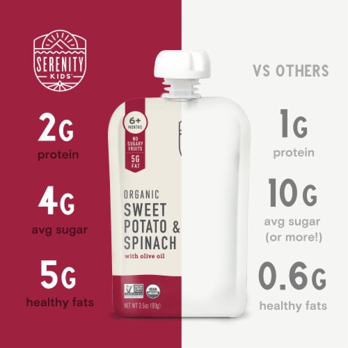 Serenity Kids Organic Sweet Potato & Spinach with Organic Olive Oil Pouch, 3.5oz Perspective: left