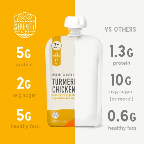Serenity Kids Turmeric Chicken with Organic Vegetables, Herbs & Bone Broth Baby Food Pouch Perspective: left