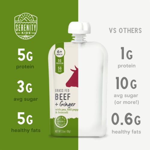 Serenity Kids Grass Fed Beef and Ginger with Organic Pea, Bell Pepper & Broccoli Perspective: left