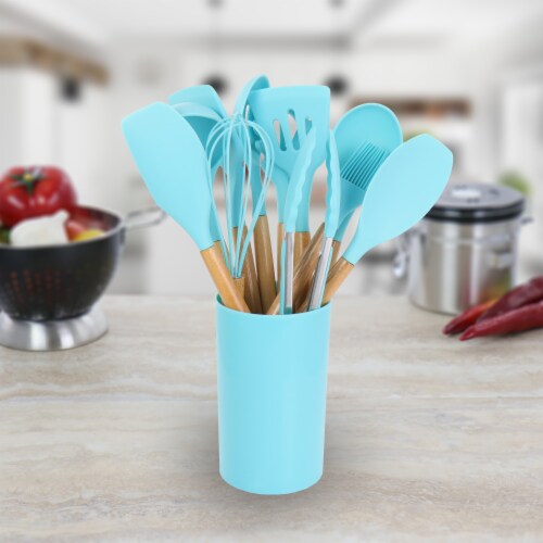 Light Teal Silicone and Wood Cooking Utensils (Set of 12)