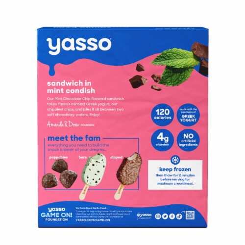 Yasso Frozen Greek Yogurt Mint Chocolate Chip Sandwiches Perspective: left